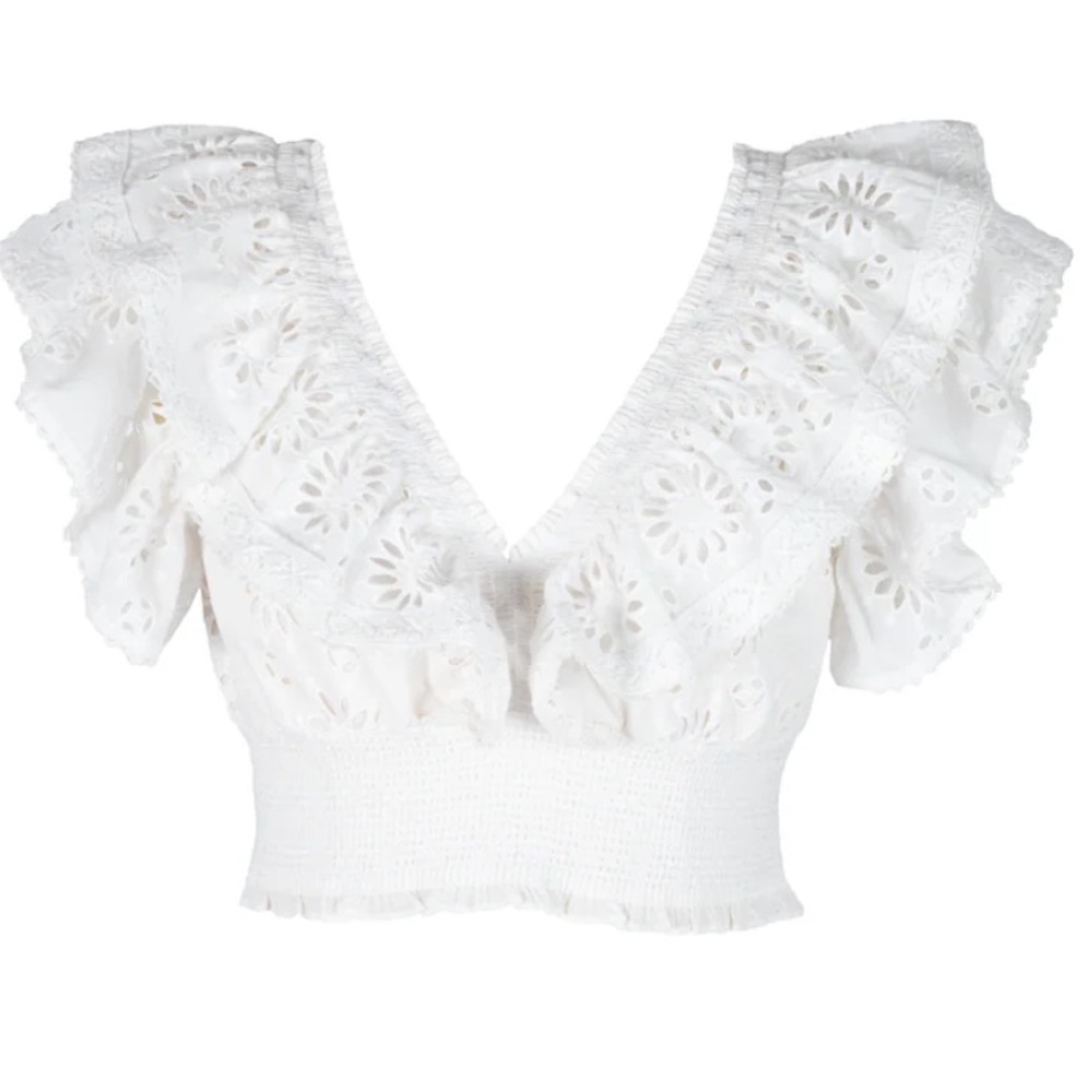 NWT🤍Secret Mission TANYA TOP  Eyelet Ruffle Crop - White -Organic Cotton. Size S